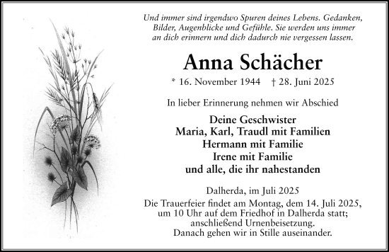 Traueranzeige von Anna Schächer von FZ