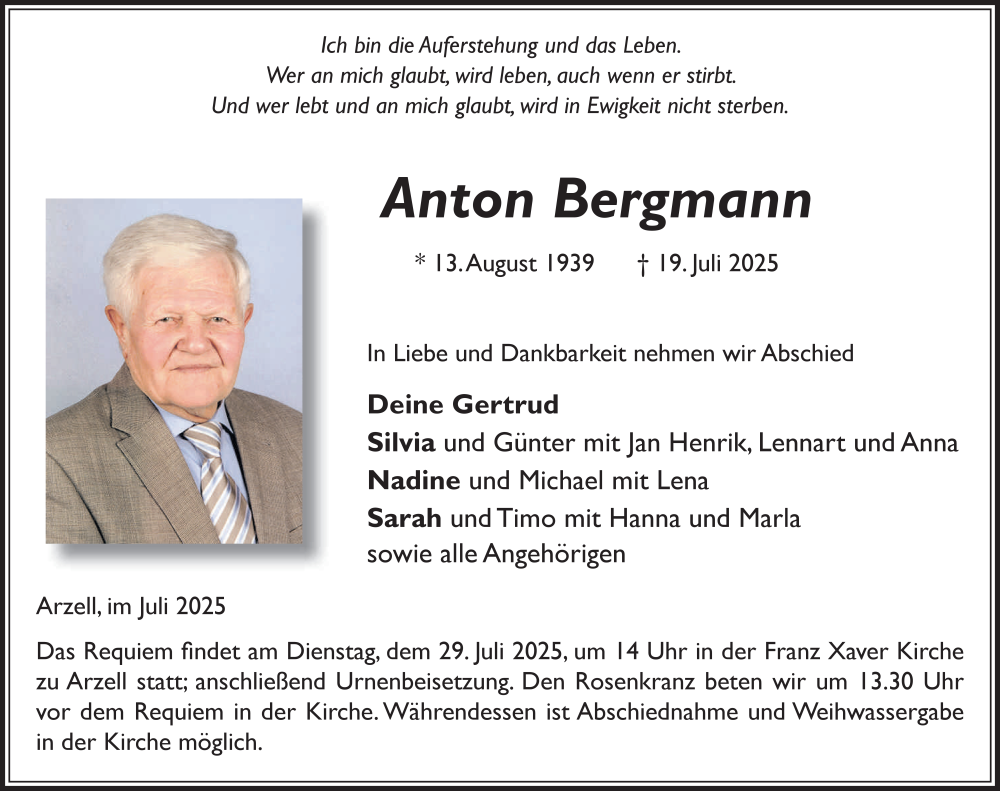  Traueranzeige für Anton Bergmann vom 26.07.2025 aus FZ