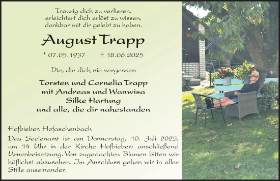 Traueranzeige von August Trapp von FZ
