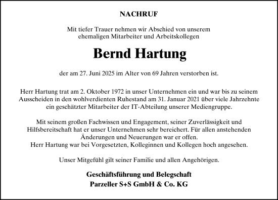 Traueranzeige von Bernd Hartung von FZ