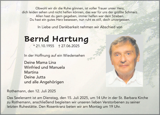 Traueranzeige von Bernd Hartung von FZ