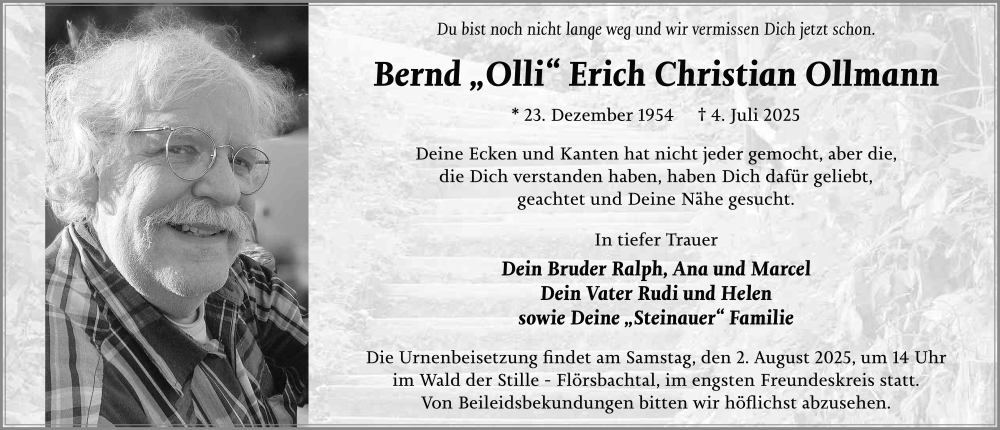  Traueranzeige für Bernd Olli Erich Christian Ollmann vom 26.07.2025 aus FZ
