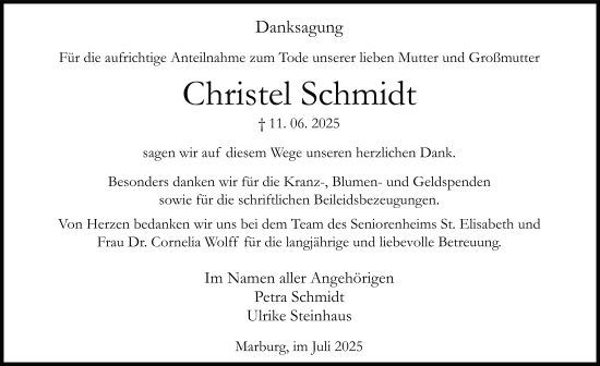 Traueranzeige von Christel Schmidt von FZ