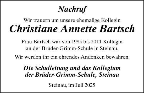 Traueranzeige von Christiane Anette Bartsch von FZ