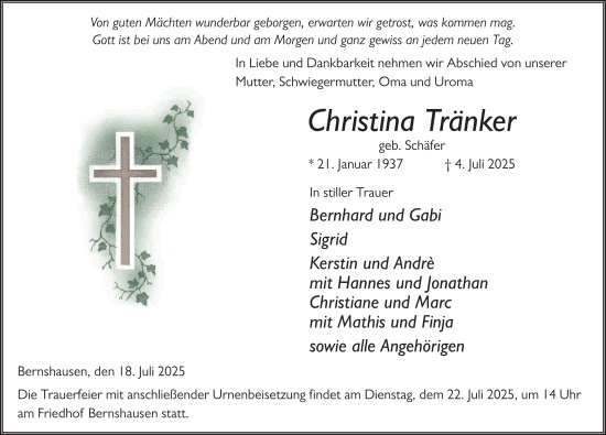 Traueranzeige von Christina Tränker von FZ