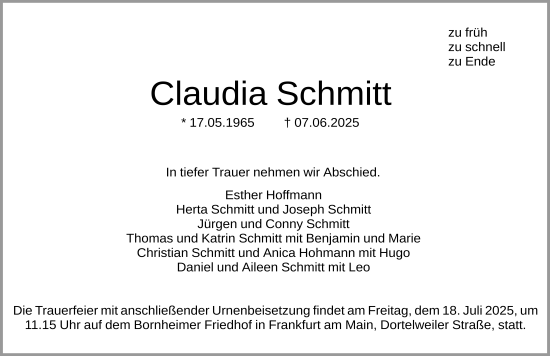 Traueranzeige von Claudia Schmitt von FZ