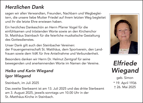 Traueranzeige von Elfriede Wiegand von FZ