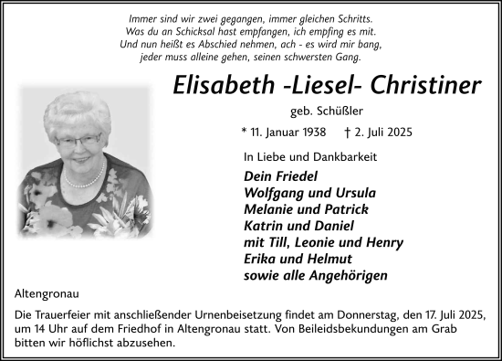 Traueranzeige von Elisabeth Christiner von FZ