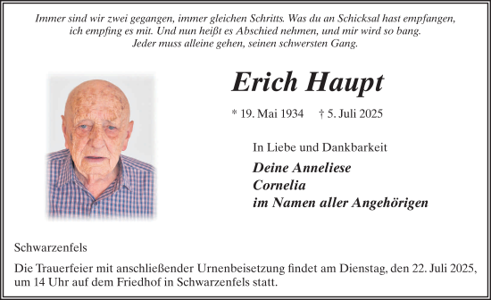 Traueranzeige von Erich Haupt von FZ