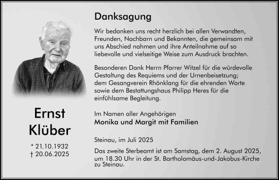 Traueranzeige von Ernst Klüber von FZ