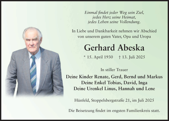 Traueranzeige von Gerhard Abeska von FZ