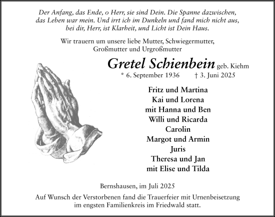 Traueranzeige von Gretel Schienbein von FZ