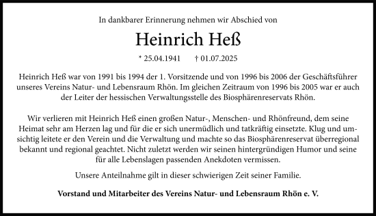 Traueranzeige von Heinrich Heß von FZ