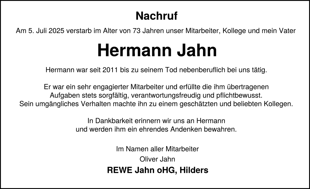  Traueranzeige für Hermann Josef Jahn vom 30.07.2025 aus FZ