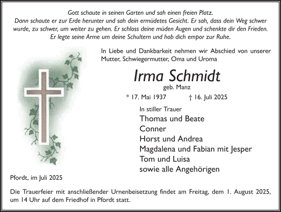 Traueranzeige von Irma Schmidt von FZ