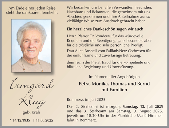 Traueranzeige von Irmgard Klug von FZ