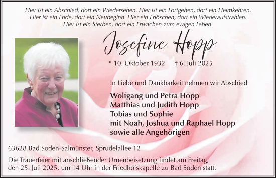 Traueranzeige von Josefine Hopp von FZ