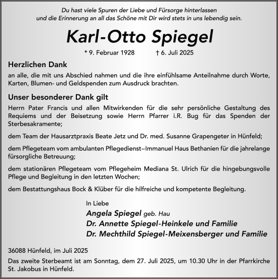 Traueranzeige von Karl-Otto Spiegel von FZ