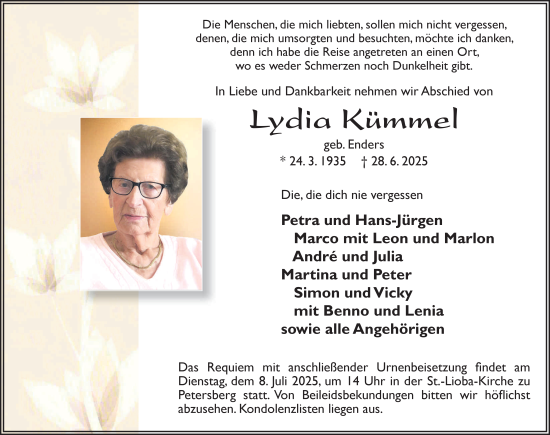 Traueranzeige von Lydia Kümmel von FZ