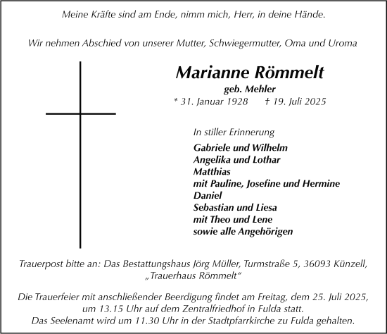 Traueranzeige von Marianne Römmelt von FZ