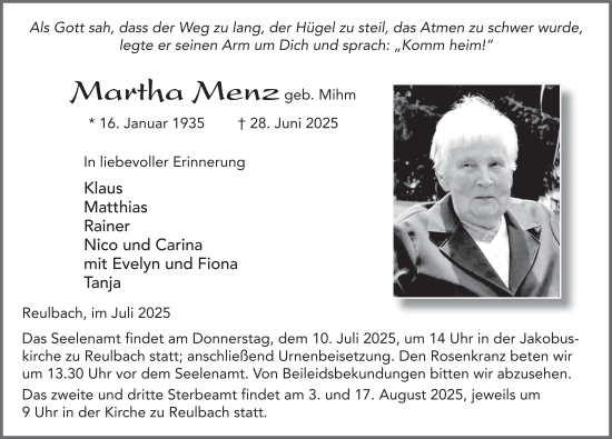 Traueranzeige von Martha Menz von FZ