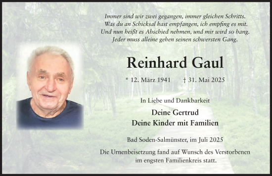 Traueranzeige von Reinhard Gaul von FZ