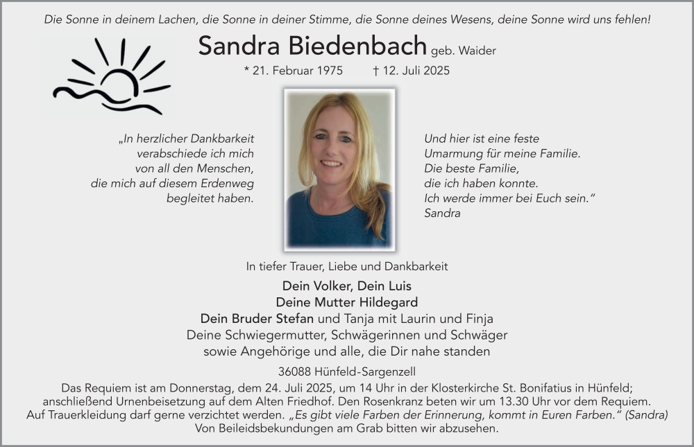  Traueranzeige für Sandra Biedenbach vom 19.07.2025 aus FZ