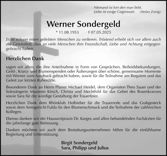 Traueranzeige von Werner Sondergeld von FZ