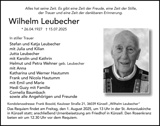 Traueranzeige von Wilhelm Leubecher von FZ