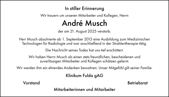 Traueranzeige von André Musch von FZ