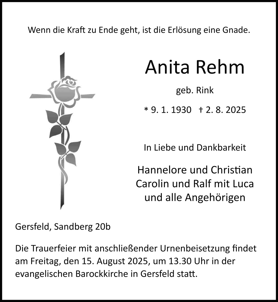 Traueranzeige für Anita Rehm vom 13.08.2025 aus FZ