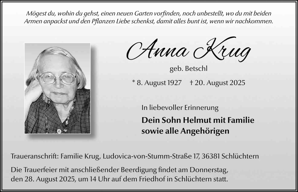  Traueranzeige für Anna Krug vom 23.08.2025 aus FZ