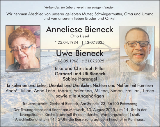 Traueranzeige von Anneliese Bieneck von FZ