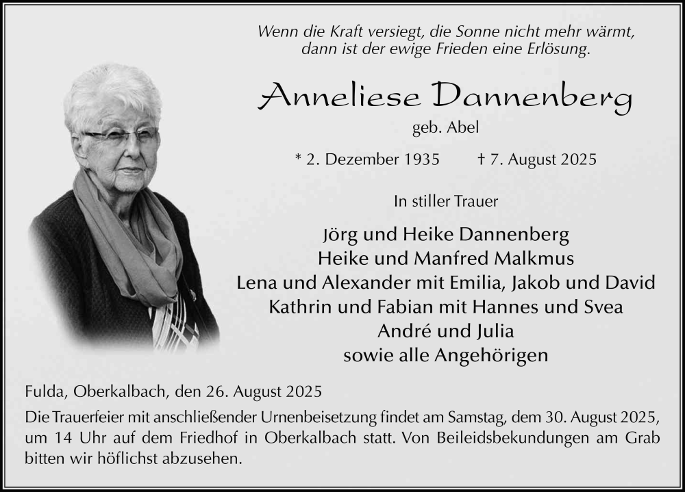  Traueranzeige für Anneliese Dannenberg vom 26.08.2025 aus FZ