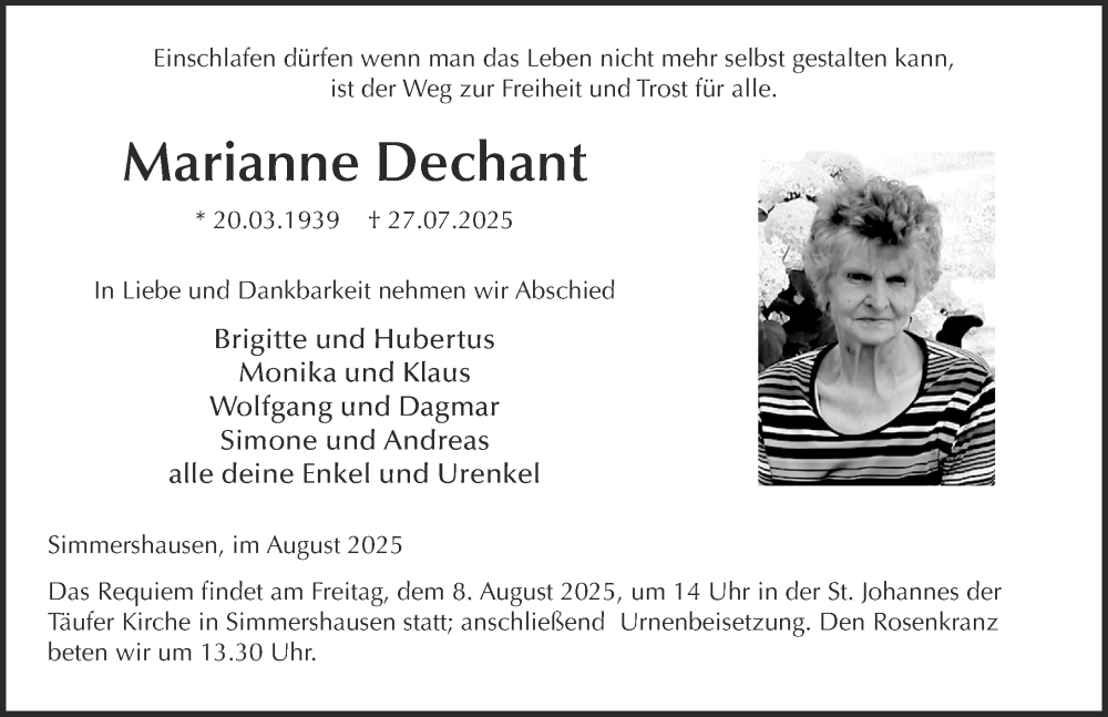  Traueranzeige für Marianne Dechant vom 06.08.2025 aus FZ