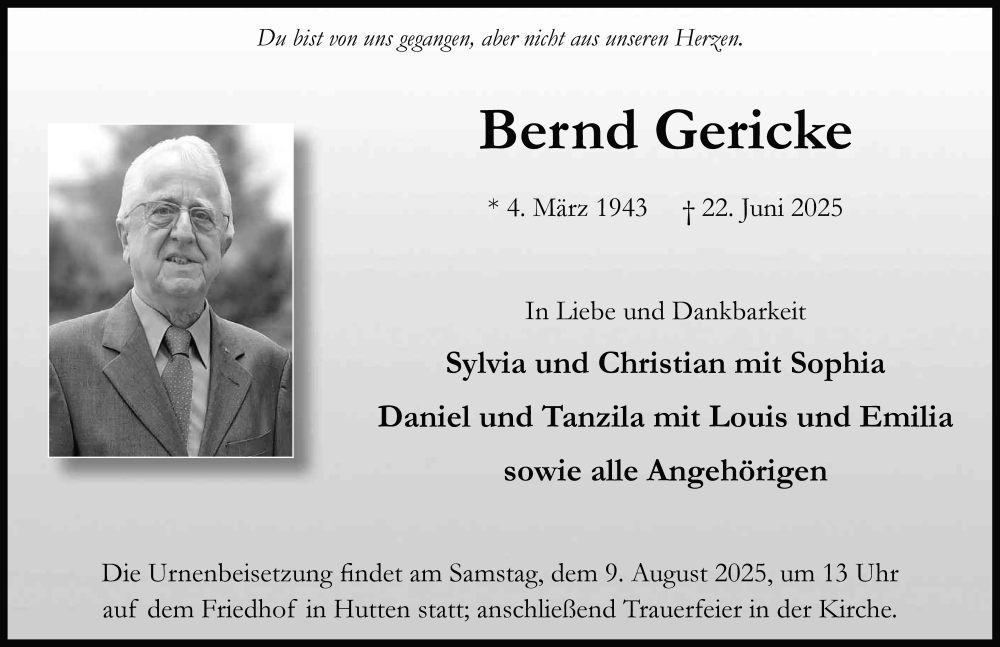 Traueranzeige für Bernd Gericke vom 02.08.2025 aus FZ