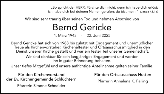 Traueranzeige von Bernd Gericke von FZ