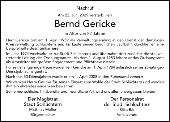 Traueranzeige von Bernd Gericke von FZ