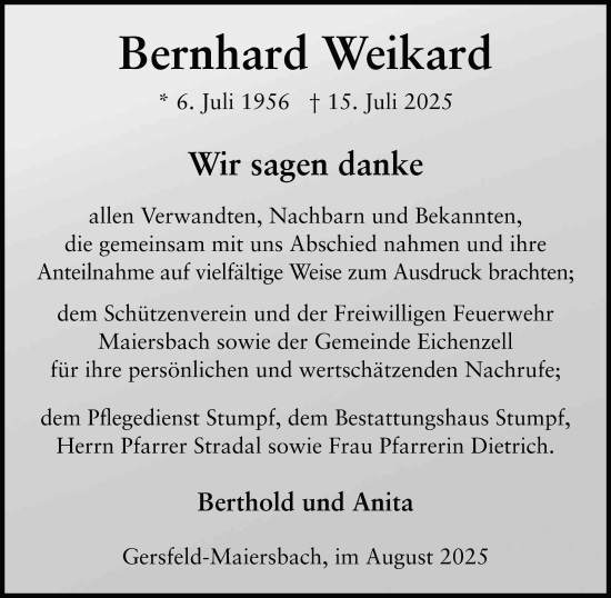 Traueranzeige von Bernhard Weikard von FZ