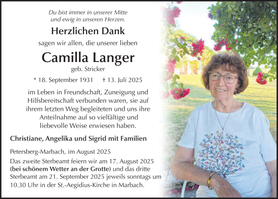Traueranzeige von Camilla Langer von FZ