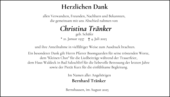 Traueranzeige von Christina Tränker von FZ