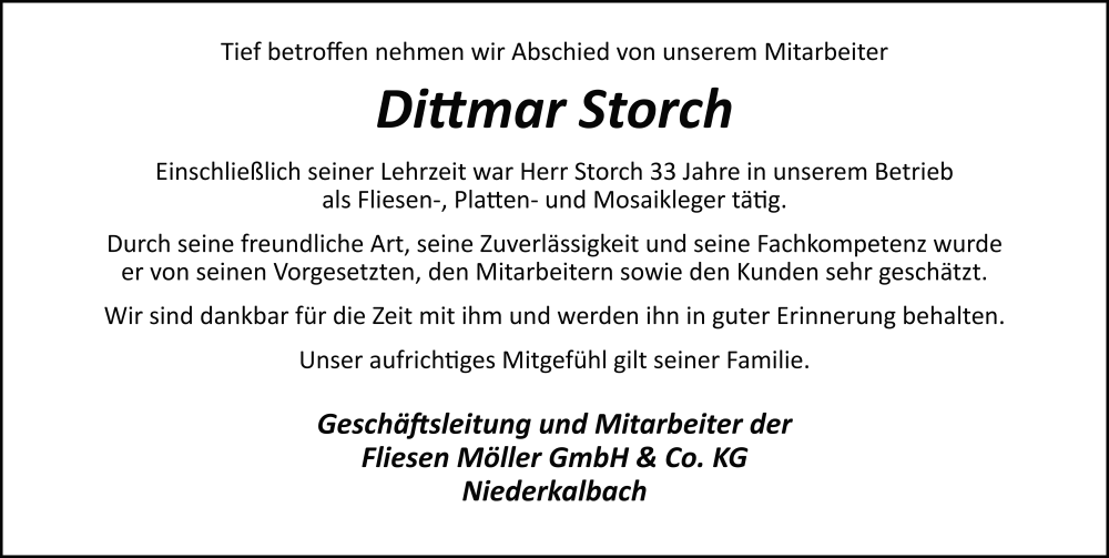 Traueranzeige für Dittmar Storch vom 02.08.2025 aus FZ