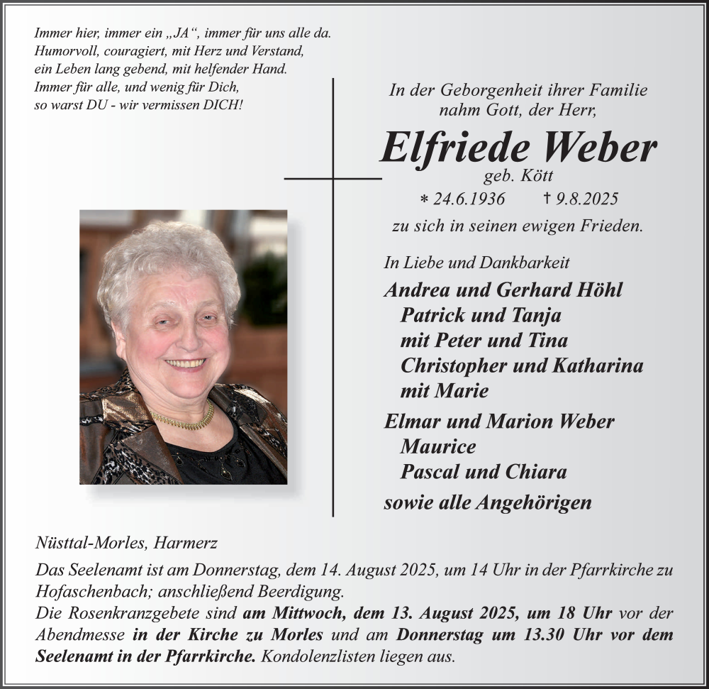  Traueranzeige für Elfriede Weber vom 12.08.2025 aus FZ