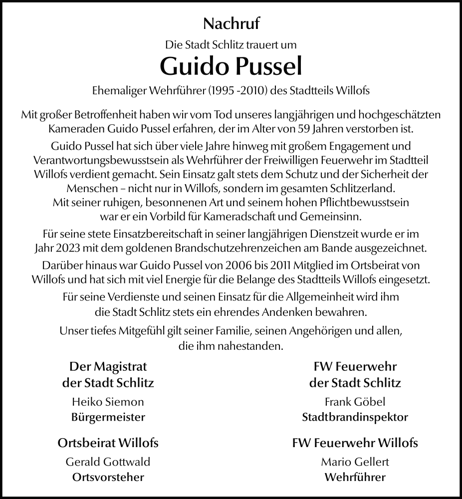  Traueranzeige für Guido Pussel vom 23.08.2025 aus FZ