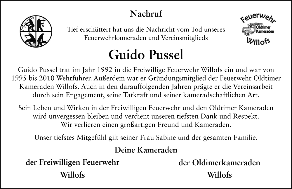 Traueranzeige für Guido Pussel vom 27.08.2025 aus FZ