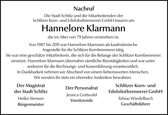 Traueranzeige von Hannelore Klarmann von FZ