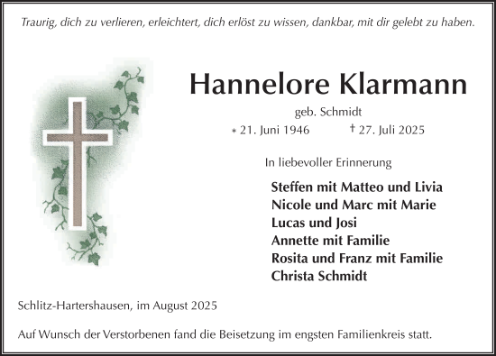 Traueranzeige von Hannelore Klarmann von FZ