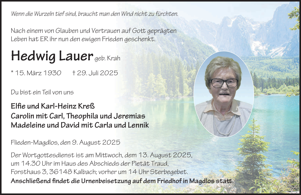  Traueranzeige für Hedwig Lauer vom 09.08.2025 aus FZ