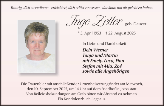 Traueranzeige von Inge Zeller von FZ