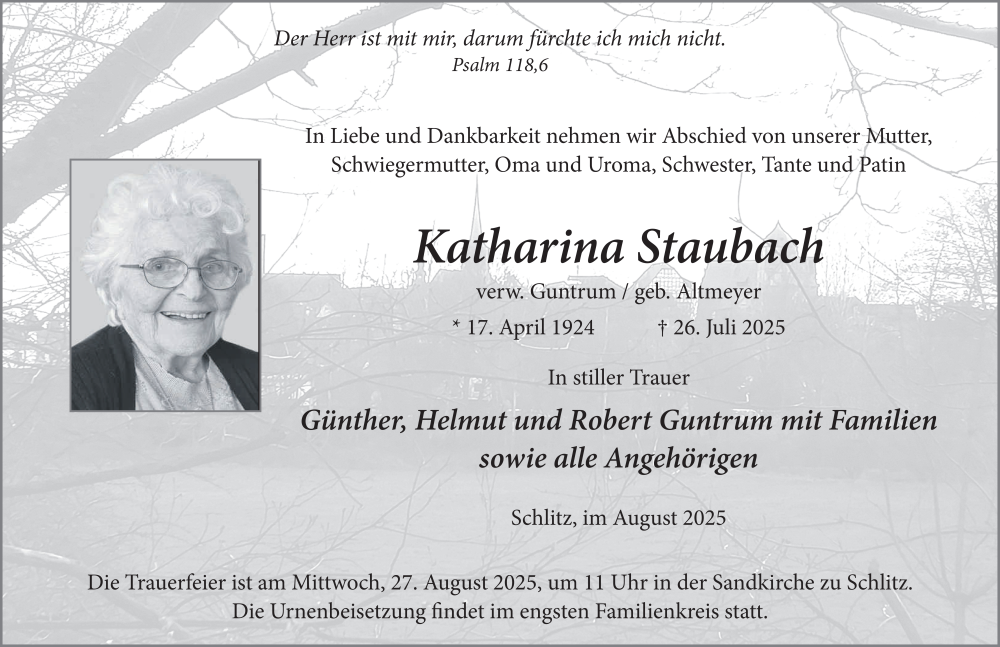  Traueranzeige für Katharina Staubach vom 23.08.2025 aus FZ